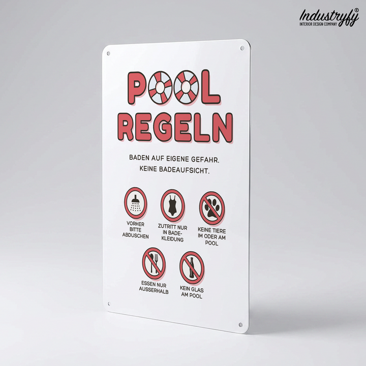 Pool Regeln Schild Detailansicht rote Symbole
