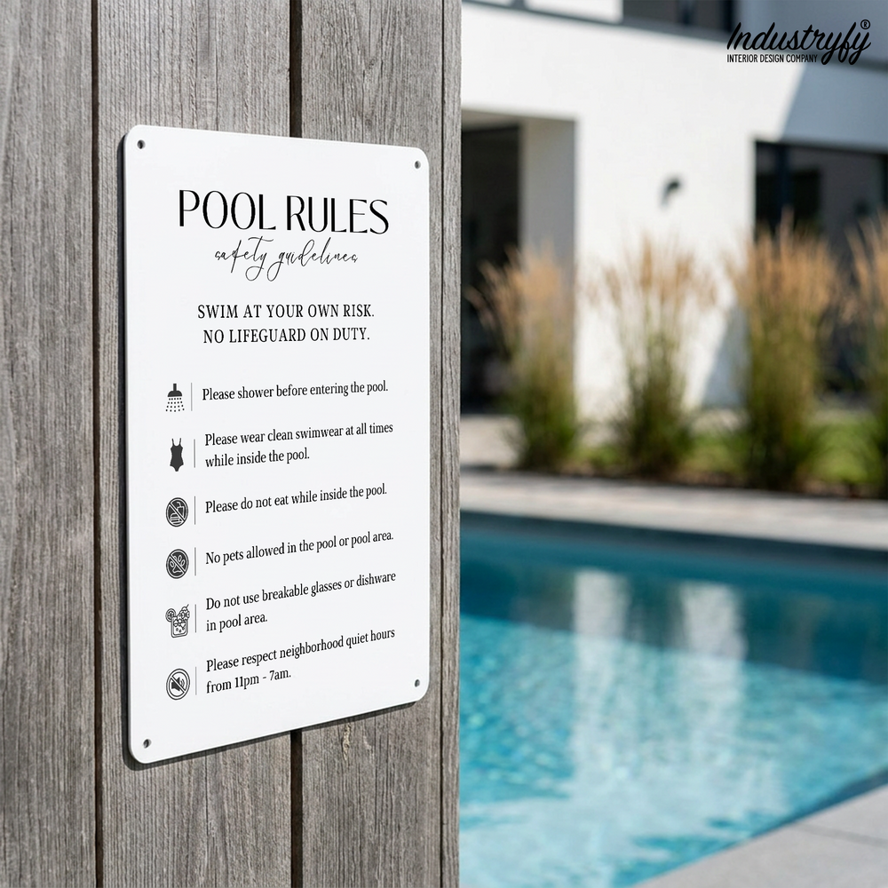 Pool Rules Metallschild aus Aluminium am Pool