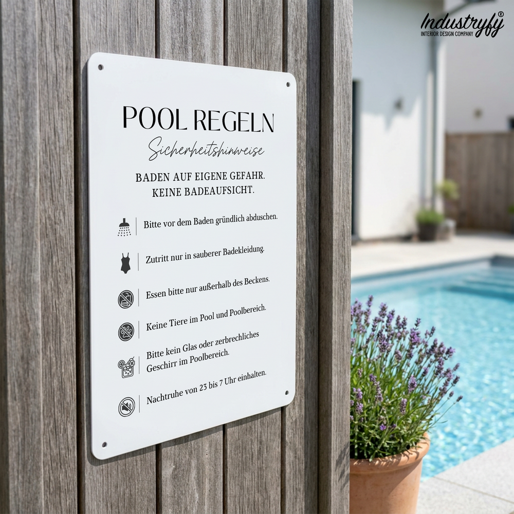 Pool Regeln Metallschild aus Aluminium am Pool