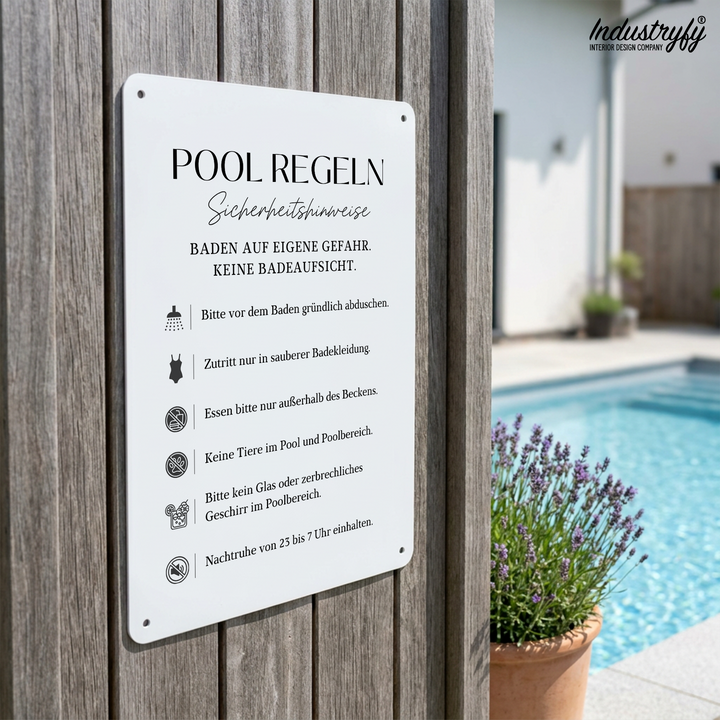 Pool Regeln Metallschild aus Aluminium am Pool