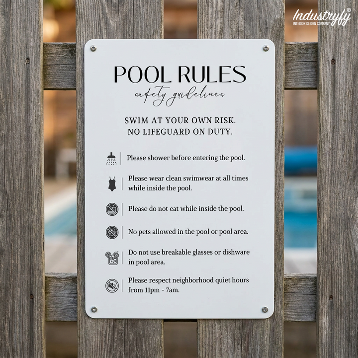 Metallschild Pool Rules mit Baderegeln im Hochformat