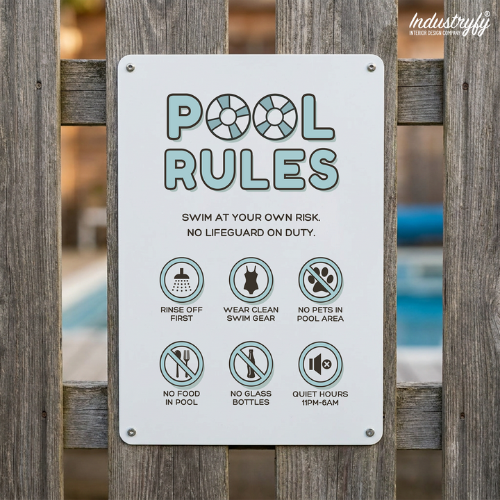 Metallschild Pool Rules in Pastellblau mit Baderegeln