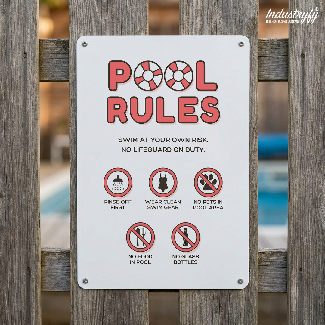 Metallschild Pool Rules in Korallrot mit Baderegeln