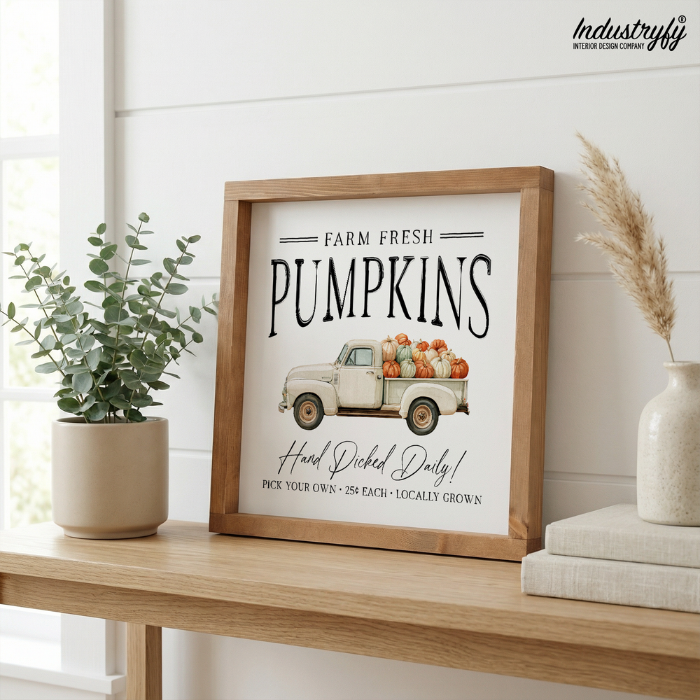 Landhaus Schild Farm Fresh Pumpkins, Holzschild mit Pickup-Truck voller Kürbisse im Vollholzrahmen von Industryfy