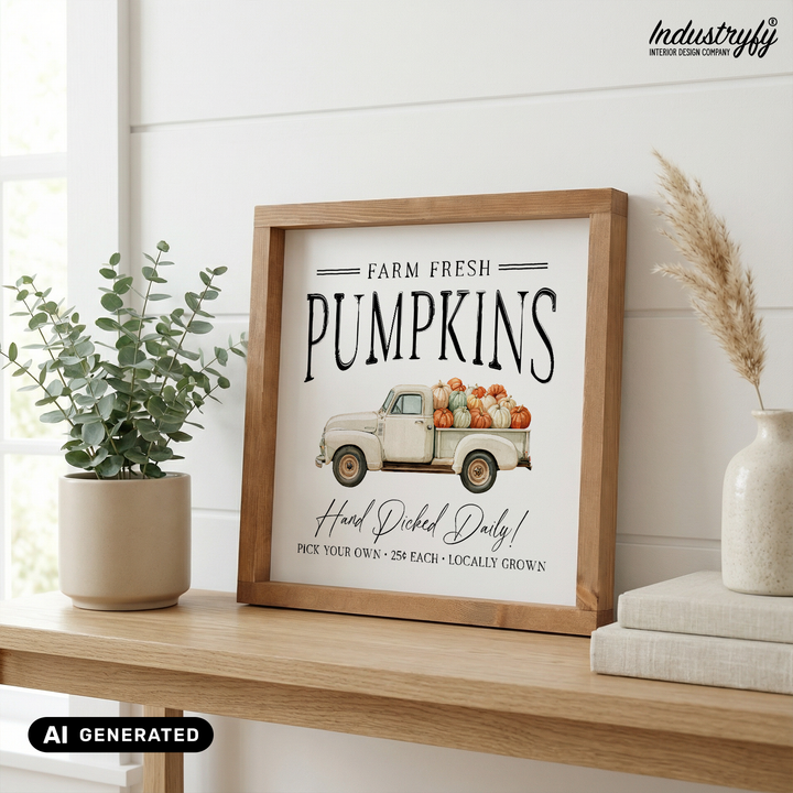 Landhaus Schild Farm Fresh Pumpkins, Holzschild mit Pickup-Truck voller Kürbisse im Vollholzrahmen von Industryfy