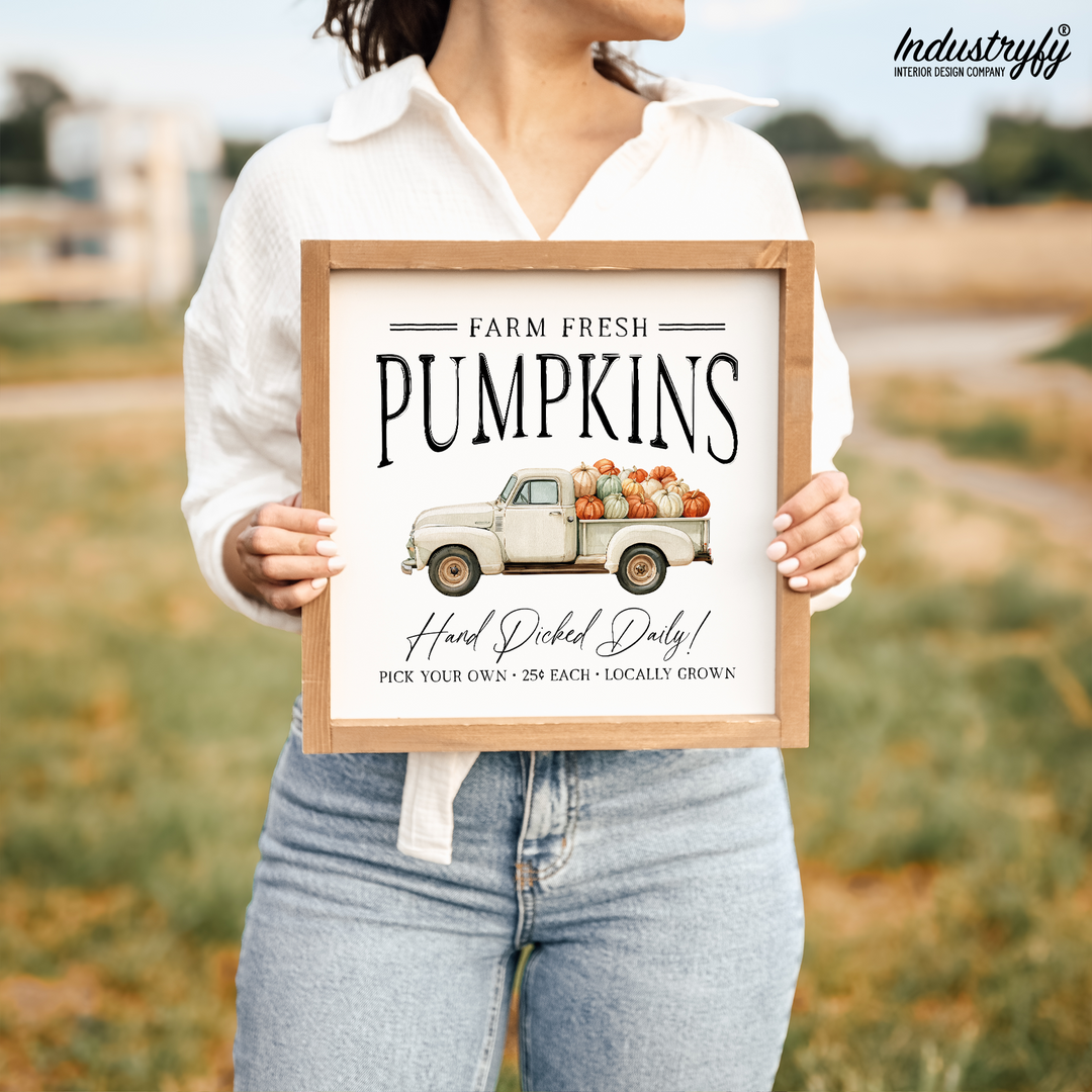 Landhaus Schild Farm Fresh Pumpkins, Kürbis Truck Motiv als Wanddeko von Industryfy