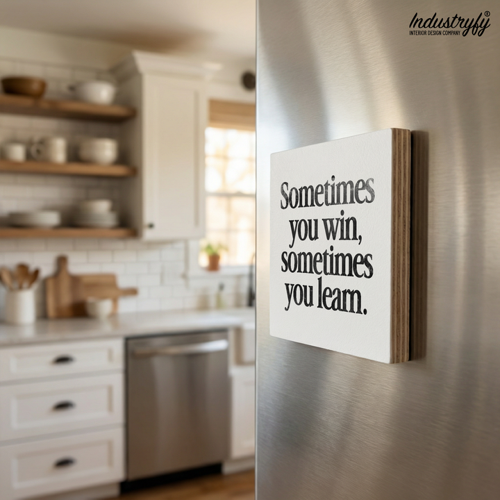 Kühlschrankmagnet aus Holz mit Spruch Sometimes you win sometimes you learn – Nahaufnahme von Industryfy
