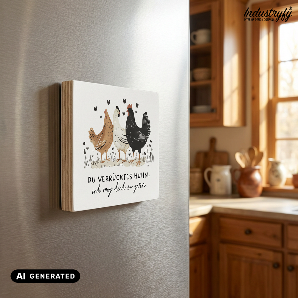 Holzmagnet Verrücktes Huhn Detailansicht, UV-Druck auf Echtholz von Industryfy