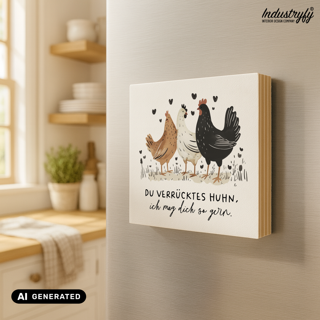 Kühlschrankmagnet Holz Verrücktes Huhn, Holzmagnet von Industryfy